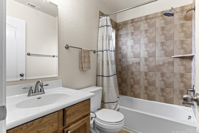 full bath with visible vents, a textured wall, toilet, shower / bath combination with curtain, and vanity