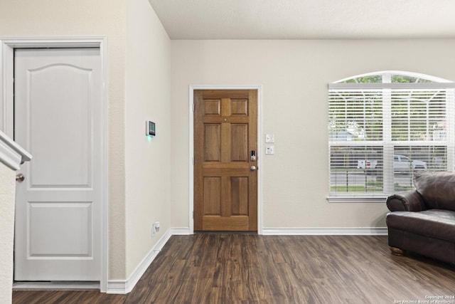 foyer entrance featuring baseboards and dark wood-style flooring