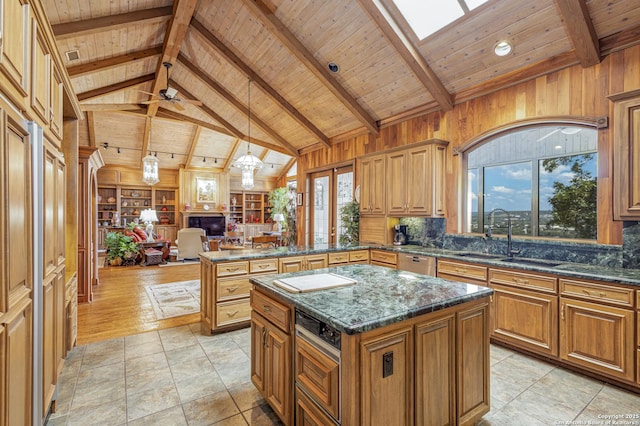 kitchen with beam ceiling, wood walls, a sink, wooden ceiling, and a peninsula