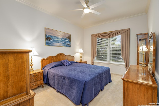 bedroom featuring light carpet, crown molding, baseboards, and ceiling fan