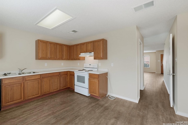 kitchen with a sink, under cabinet range hood, visible vents, and white electric range