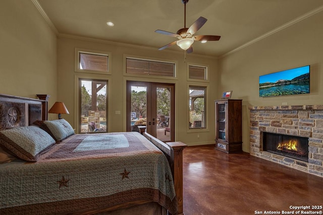 bedroom featuring access to outside, finished concrete floors, crown molding, and french doors