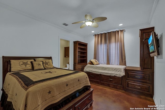 bedroom with crown molding, recessed lighting, visible vents, finished concrete floors, and ceiling fan