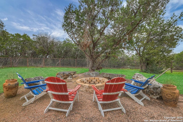 view of yard with a fenced backyard and a fire pit