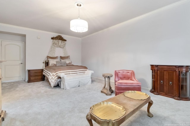 bedroom featuring light colored carpet and crown molding