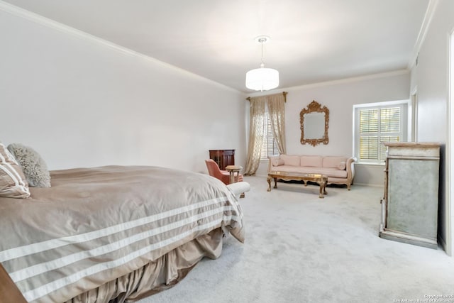 bedroom featuring carpet flooring and crown molding