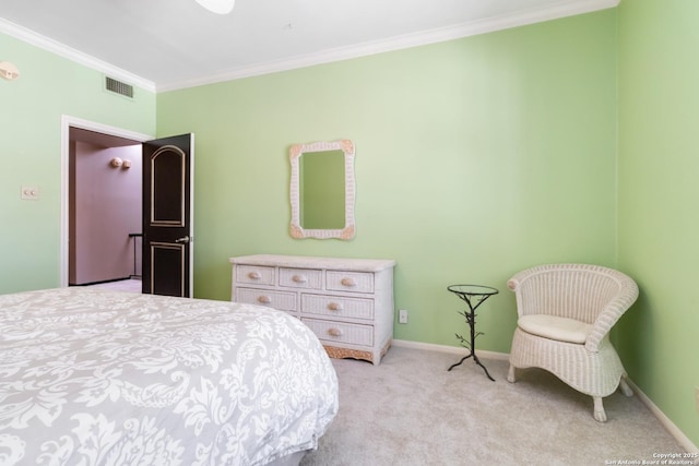 bedroom featuring ornamental molding, light carpet, visible vents, and baseboards