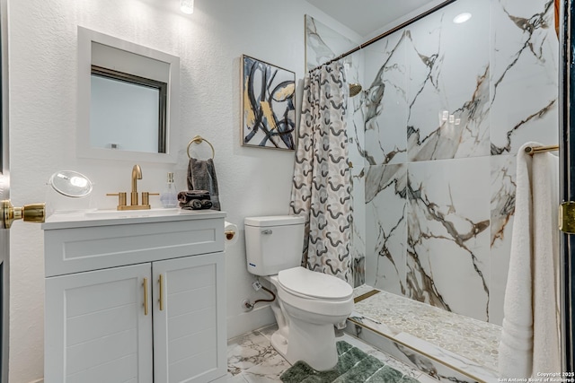 full bath with marble finish floor, vanity, a marble finish shower, and toilet