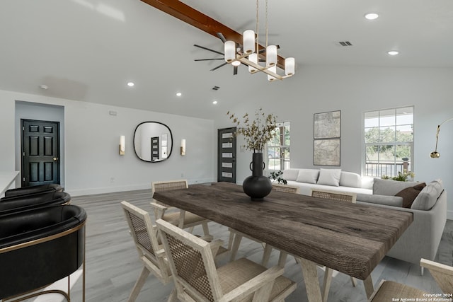 dining area with recessed lighting, a notable chandelier, visible vents, light wood-type flooring, and beam ceiling