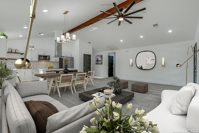 living area featuring baseboards, visible vents, high vaulted ceiling, beam ceiling, and recessed lighting