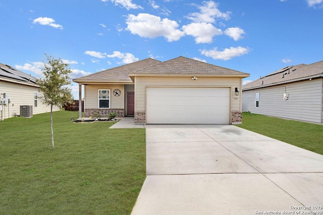 view of front of home featuring driveway, an attached garage, cooling unit, a front yard, and brick siding