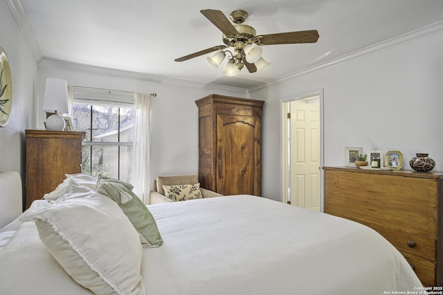 bedroom featuring ceiling fan and crown molding