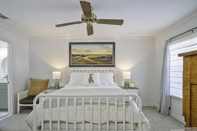 carpeted bedroom with ornamental molding, a ceiling fan, visible vents, and baseboards