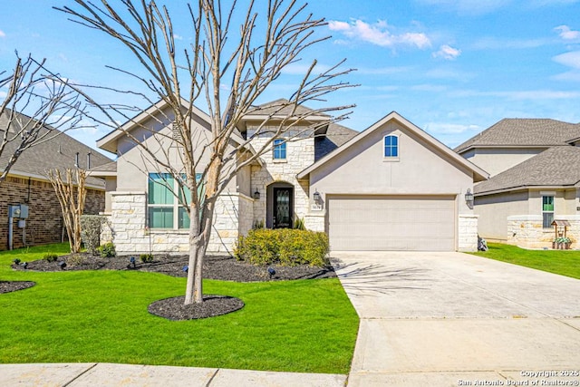 view of front facade featuring stucco siding, concrete driveway, a garage, stone siding, and a front lawn