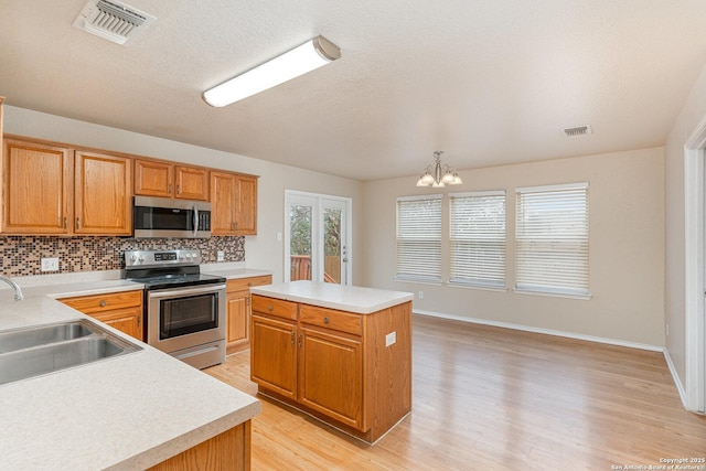 kitchen with visible vents, appliances with stainless steel finishes, a sink, light countertops, and backsplash