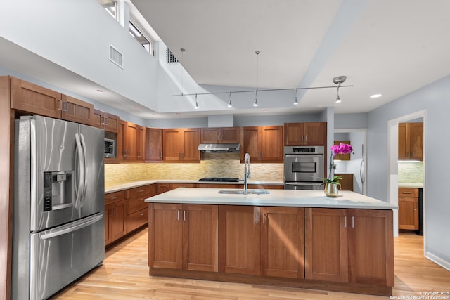 kitchen with light wood-style floors, appliances with stainless steel finishes, light countertops, under cabinet range hood, and a sink