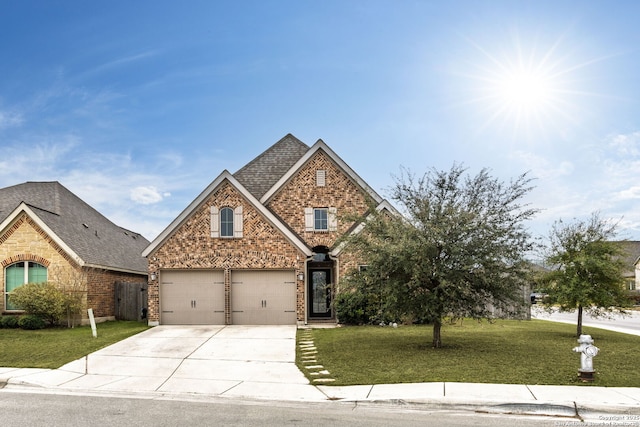 traditional home with a garage, concrete driveway, roof with shingles, a front lawn, and brick siding