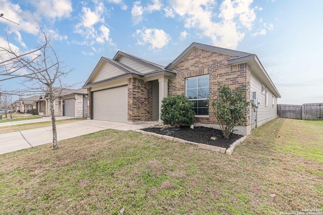 ranch-style home featuring an attached garage, brick siding, fence, driveway, and a front lawn