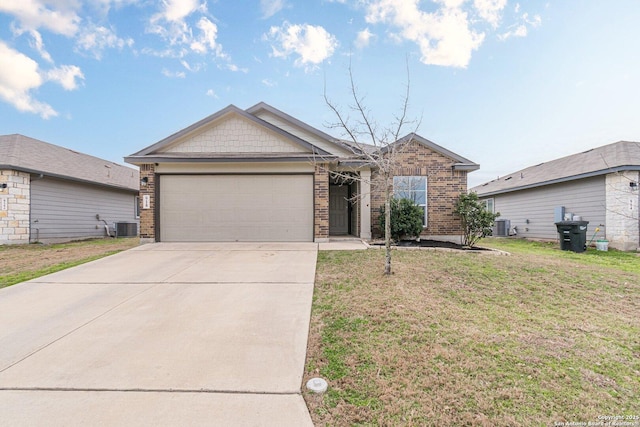 single story home featuring a garage, driveway, central air condition unit, a front lawn, and brick siding