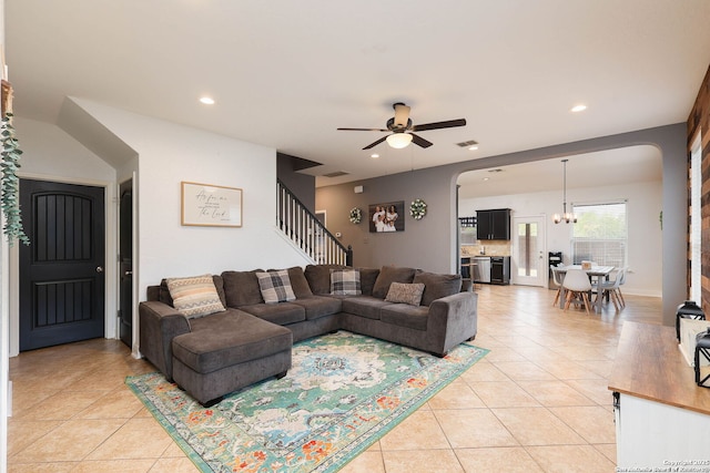 276 Cita Roost, San Antonio, TX 78253 - living room featuring stairs, recessed lighting, ceiling fan with notable chandelier, and light tile patterned floors