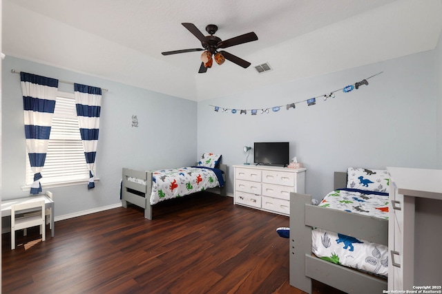 276 Cita Roost, San Antonio, TX 78253 - bedroom featuring baseboards, visible vents, lofted ceiling, ceiling fan, and wood finished floors