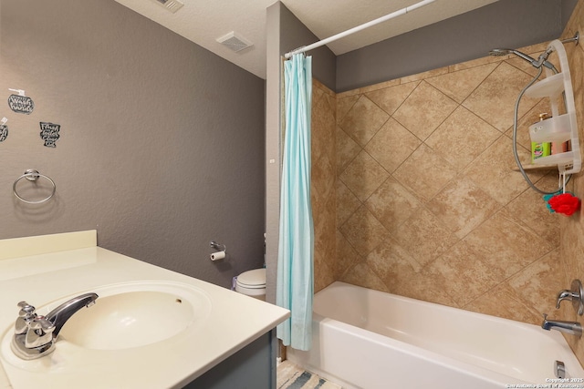 276 Cita Roost, San Antonio, TX 78253 - full bath with shower / bath combination with curtain, visible vents, a textured wall, and vanity