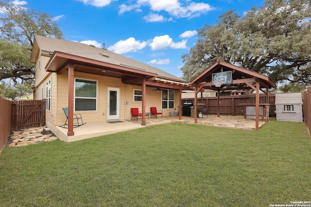 276 Cita Roost, San Antonio, TX 78253 - back of property with a ceiling fan, a fenced backyard, a patio, and a lawn