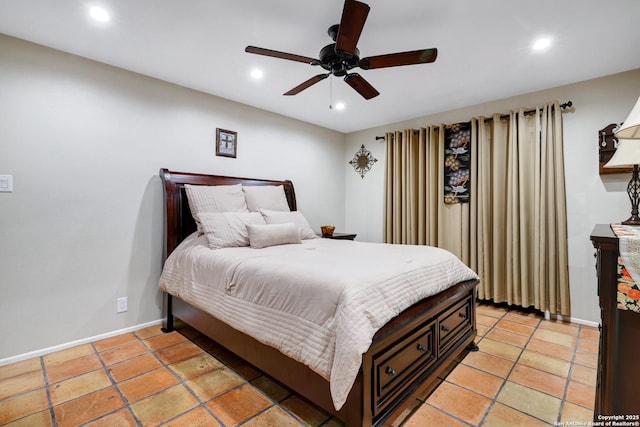 bedroom featuring a ceiling fan, recessed lighting, and baseboards