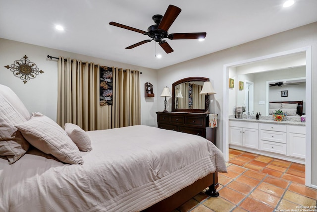 bedroom featuring ceiling fan and recessed lighting