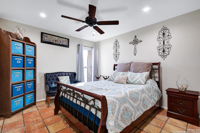 bedroom featuring recessed lighting, ceiling fan, and baseboards