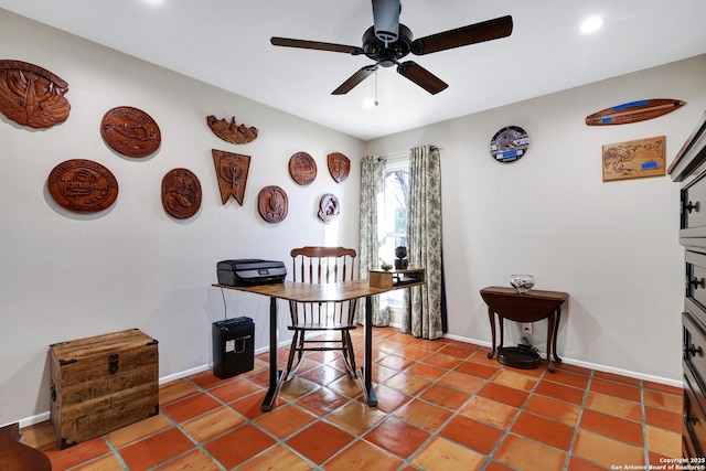 tiled home office featuring ceiling fan, recessed lighting, and baseboards