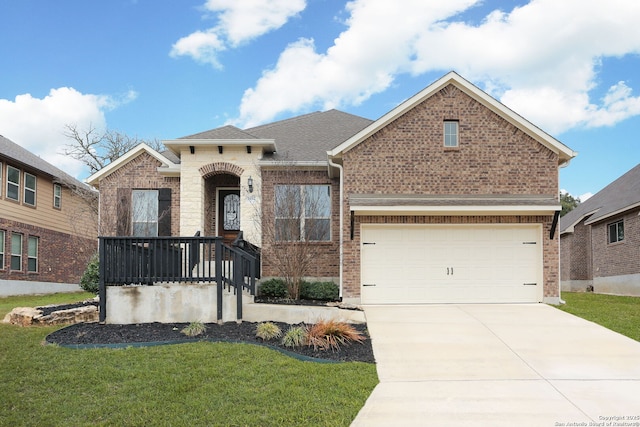 view of front of home featuring concrete driveway, brick siding, a front lawn, and a shingled roof