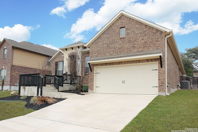 view of front facade with brick siding, central AC unit, a garage, driveway, and a front lawn