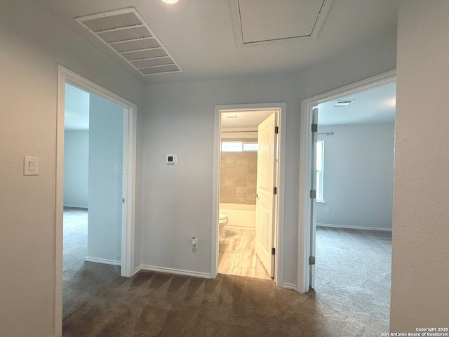 hallway with carpet, visible vents, and baseboards