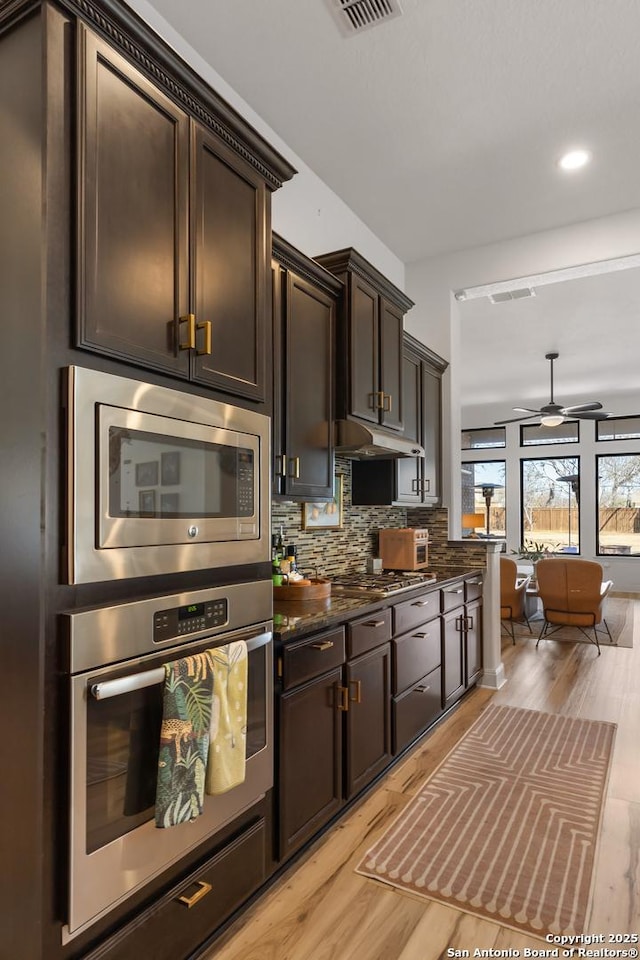 kitchen with dark brown cabinetry, decorative backsplash, appliances with stainless steel finishes, light wood-type flooring, and under cabinet range hood