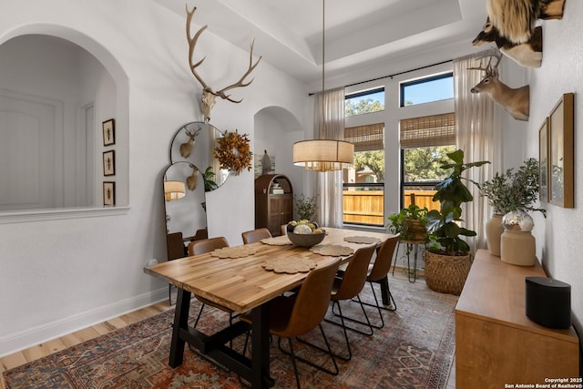 dining space with arched walkways, wood finished floors, a raised ceiling, and baseboards