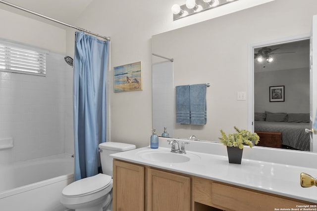 bathroom featuring vanity, shower / bath combination with curtain, connected bathroom, and toilet