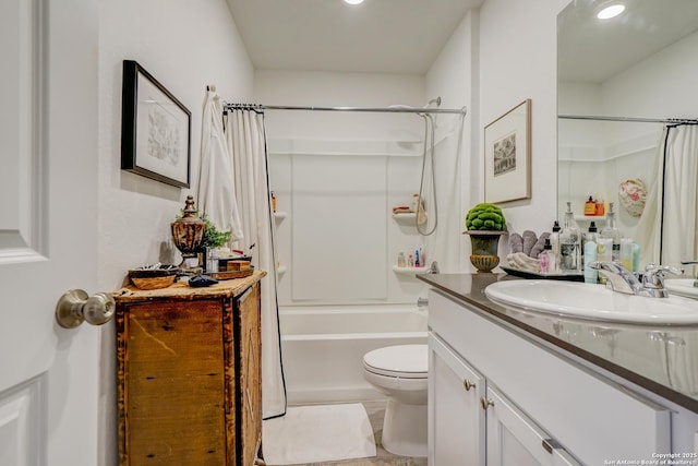 full bath featuring toilet, tile patterned floors, shower / bathtub combination with curtain, and vanity