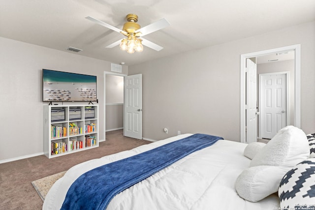 bedroom with ceiling fan, carpet floors, visible vents, and baseboards