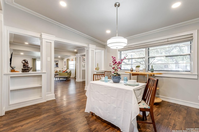 dining room featuring baseboards, ornamental molding, dark wood-style flooring, ornate columns, and recessed lighting