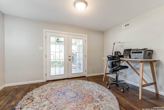 doorway to outside with french doors, wood finished floors, visible vents, and baseboards