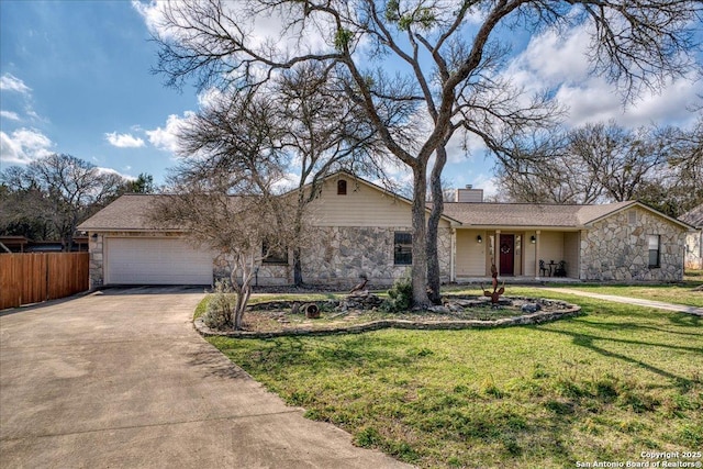 ranch-style home featuring stone siding, a chimney, an attached garage, and concrete driveway