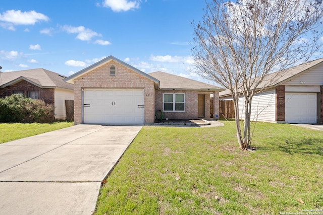 ranch-style house featuring brick siding, an attached garage, fence, driveway, and a front lawn