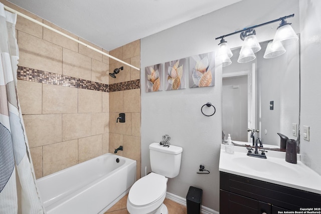 bathroom featuring baseboards, toilet, tile patterned flooring, shower / bath combination with curtain, and vanity