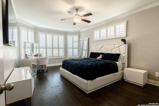 bedroom with ceiling fan, ornamental molding, wood finished floors, and baseboards