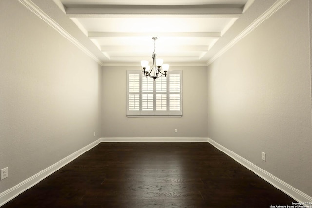 empty room with dark wood-style floors, a notable chandelier, beamed ceiling, and baseboards