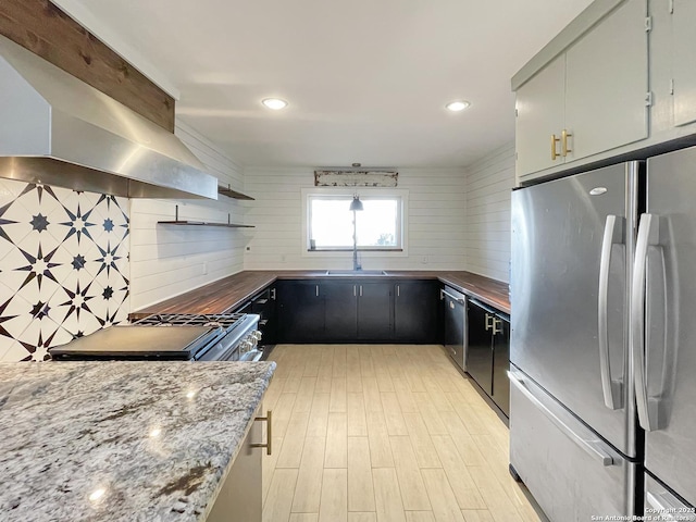 kitchen with range hood, light wood finished floors, stainless steel appliances, tasteful backsplash, and a sink