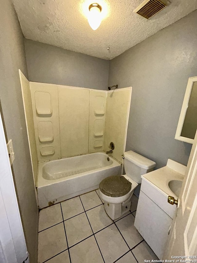 bathroom with shower / bath combination, visible vents, tile patterned floors, a textured ceiling, and vanity