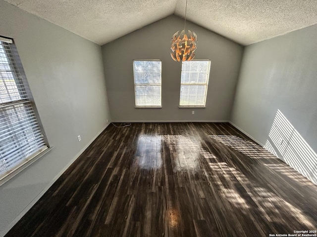 spare room with lofted ceiling, plenty of natural light, a textured ceiling, and wood finished floors