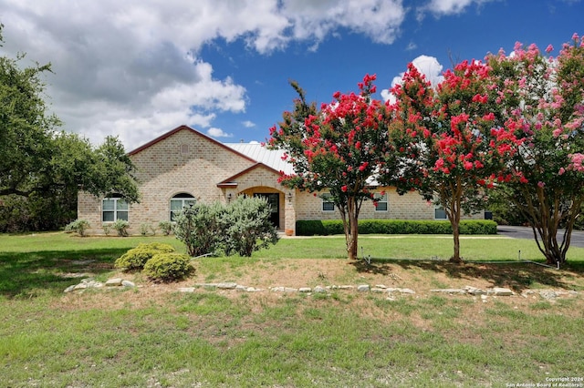 view of front of home with brick siding and a front yard